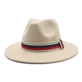Detailed view of beige wool fedora hat featuring red and blue geometric patterned band - Beige