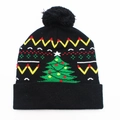 Black knitted Christmas beanie featuring LED lights, green tree pattern and pompom topper - Hat Style 35 (Black Christmas Tree)