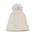 Detail of cream cable knit winter beanie with plush faux fur pompom and ribbed cuff - M (56-58cm) / Beige