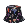 Black bucket hat featuring colorful mushroom prints and psychedelic artistic patterns - Black Colorful Mushroom Abstract Plant (1)