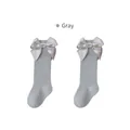 Grey combed cotton knee-high baby socks with large satin bow and gold trim detailing - Size S (0-1 Years) / Gray
