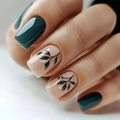 Glossy square-oval press-on nails with dark green color and hand-painted leaf patterns - Dark Green and Nude Black Leaf (CW459)