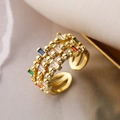 Mehrlagiger vergoldeter Perlenring mit bunten rechteckigen Edelsteinen und offenem Design - Einstellbar Offen / Mehrlagiger Perlenstil mit Bunten Steinen (13639) / Gold