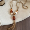 Vintage tiger eye beaded necklace with amber resin accents and a long suede tassel - 47# Necklace-Brown-Tassel (Wood Amber Tassel)