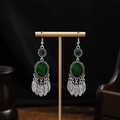 Bohemian silver drop earrings with green stones and embossed leaf fringe charms - Green Gem Leaf Tassel Style (E6014-2)