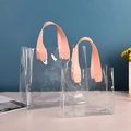 Transparent PVC gift bags with pink handles, durable waterproof plastic shopping totes - Pink Transparent / 23x25x14cm
