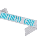 Silver glitter birthday girl sash with blue lettering for party decoration and celebration - Silver Blue Text Birthday Girl
