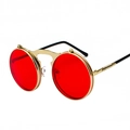 Retro steampunk flip-up round sunglasses with bright red lenses and gold metal frame - Gold Frame Ocean Red Lenses (C10)