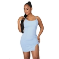 Detailed close-up of light blue denim mini dress featuring a side slit and slim fit design - S / Light Blue