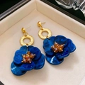 Blue resin flower petal C-shape drop earrings with gold ring and amber crystal center - Blue Round Flower
