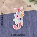 Pink floral letter J embroidery patch with blue flowers and size dimensions - Letter J / Hot Melt Adhesive