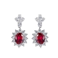 S925 Silber-Ohrhänger mit tiefroten ovalen Edelsteinen im Halo-Sonnenblumen-Design - Laborgezüchteter Rubin