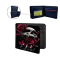 Men's skull and red rose PU leather bifold wallet with multi-card slots and ID window - Skull Rose (ZDQB-015)