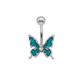 Silver belly button ring with teal glitter butterfly pendant and marquise-cut stone - Blue Glitter