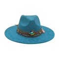 Cappello etnico blu pavone a tesa larga con fascia di turchese e frange fini - Taglia unica / Verde Pavone