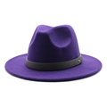 Detail of purple wool fedora hat featuring a grey frosted band and gold metal stud - M (56-58cm) / Purple