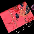 Red embroidered floral scarf with elegant paisley patterns and pearl bead accents - Watermelon red
