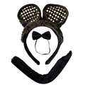 Set de trois pièces de serre-tête oreilles de souris noires avec sequins dorés - Serre-tête Oreilles Rondes à Paillettes Et Nœud Papillon Et Queue