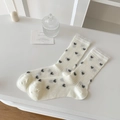 White crew socks with black bow patterns and elegant lace cuffs in a sweet style - One Size / White