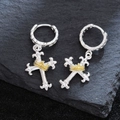 Silver cross drop earrings with gold crown accents on a dark stone background - EH0025-Retro Cross Gold Crown