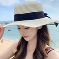 Women's cream straw sun hat with black ribbon bow and wide brim for beach vacation - Flat Top Hemp Ribbon White