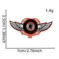Detail view of wing-shaped racing embroidery patch with 7cm x 3.5cm dimensions and size labels - Racing Patch #18 (Red Black Wings)