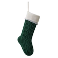 Knitted dark green Christmas stocking with white fringe trim and cable knit texture - Dark Green with Ivory White
