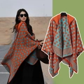 Poncho tricoté ethnique avec capuche, motifs géométriques orange et bleu sarcelle rétro - Couleur 55
