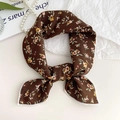 Brown floral linen scarf with small yellow patterns and white stitched edges - Coffee Base Floral