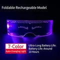Detail of foldable cyberpunk LED glasses with purple light and side charging port - USB Charging Foldable Mode