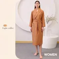 Women's light coffee waffle robe with satin trim and tie waist in a long summer style - XL / Female Style / Light Coffee