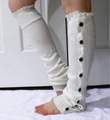 Detailed knit texture of white leg warmers featuring dark decorative buttons on the side - One Size / White