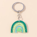 Rainbow clover keychain with leopard print green acrylic charms and silver ring - Green Glitter Clover