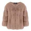 Detail shot of mauve faux fur jacket showing the collar label and soft plush texture - S / Khaki