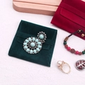 Detail of velvet jewelry pouch with pearl ring and vintage gemstone brooch display - 9*9cm / Dark Green
