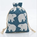Small dark blue cotton linen drawstring pouch with white polar bear prints - 10x14cm / Dark Blue Bear