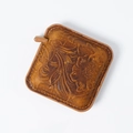 Handmade brown crazy horse leather square mini tape measure with vintage floral carving - Carved Yellow Brown Leather (Square)