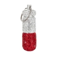 Macro detail of red and silver rhinestone capsule medicine pill box with metal loop - White + Red
