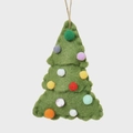 Handmade green felt Christmas tree ornament with colorful pom poms and jute rope hanger - 11cm