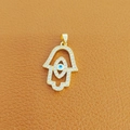 Golden Hamsa hand pendant with blue evil eye and zircon micro-inlay on leather background - 20-Gold Alloy Blue Eye Hamsa