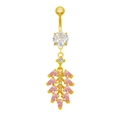 Detailansicht eines blattförmigen Bauchnabelpiercings mit rosa Zirkonia und Vergoldung - Goldbasis Rosa Blatt Stil (24060702-2)