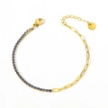 Gold stainless steel paperclip bracelet with navy blue round zircon stones and lobster clasp - Gold/Blue