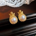 Vintage golden angel stud earrings with large round pearls and textured frames - 26# Silver Pin-Gold Angel Pearl