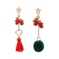 Asymmetric Christmas earrings with red tassel, green fuzzy ball and golden star studs - Glove Tassel Earrings