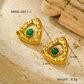 Macro shot of 2.0cm gold-plated triangle earrings with green stone and ripple texture - Gold with Green Stone (NMSE-A811-1)
