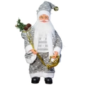 Staande Kerstman pop in grijs breisel met gouden hoorn en rugzak voor decoratie - Grijs Kerstkabouter