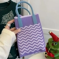 Knitted tote bag with purple wavy patterns and blue handles in a stylish casual design - Wave Pattern Purple