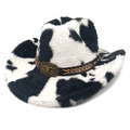 Cappello da cowboy in peluche con stampa mucca e cinturino in pelle con fibbia toro - M（56-58cm） / Corona Piatta / Nero