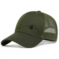 Army green trucker hat with mountain embroidery and breathable mesh panels - One Size / Army Green