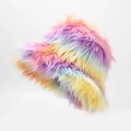 Close-up of fluffy rainbow tie-dye faux fur bucket hat with long plush texture - One Size / Color 2